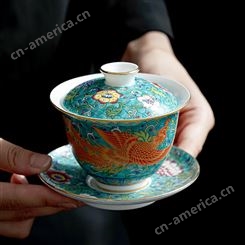 珐琅彩陶瓷盖碗茶杯 大号 三才茶托泡 白瓷功夫茶具
